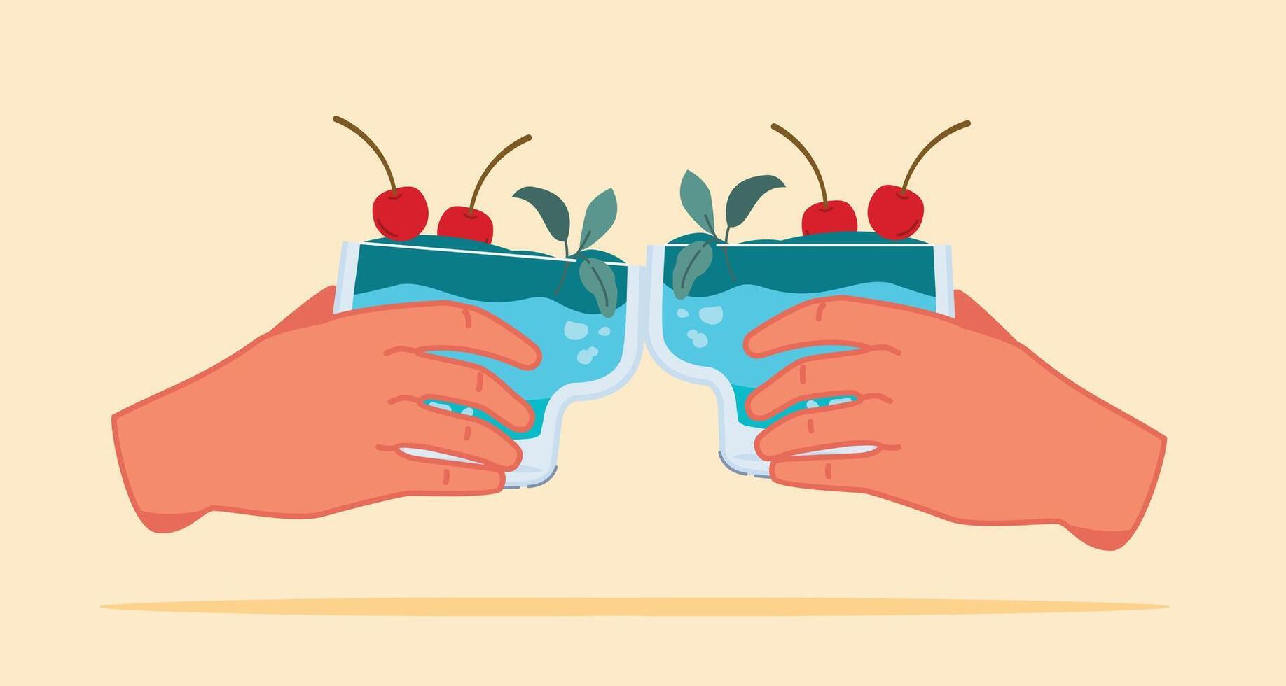 2 hands holding glasses and toasting. Summer appetizer decorated with cherries vector