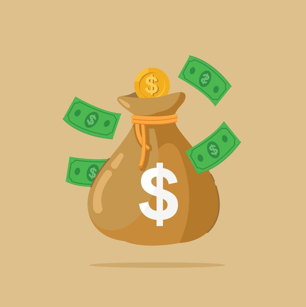 illustration of money bags, coins and paper dollar bills flying around investment profits vector