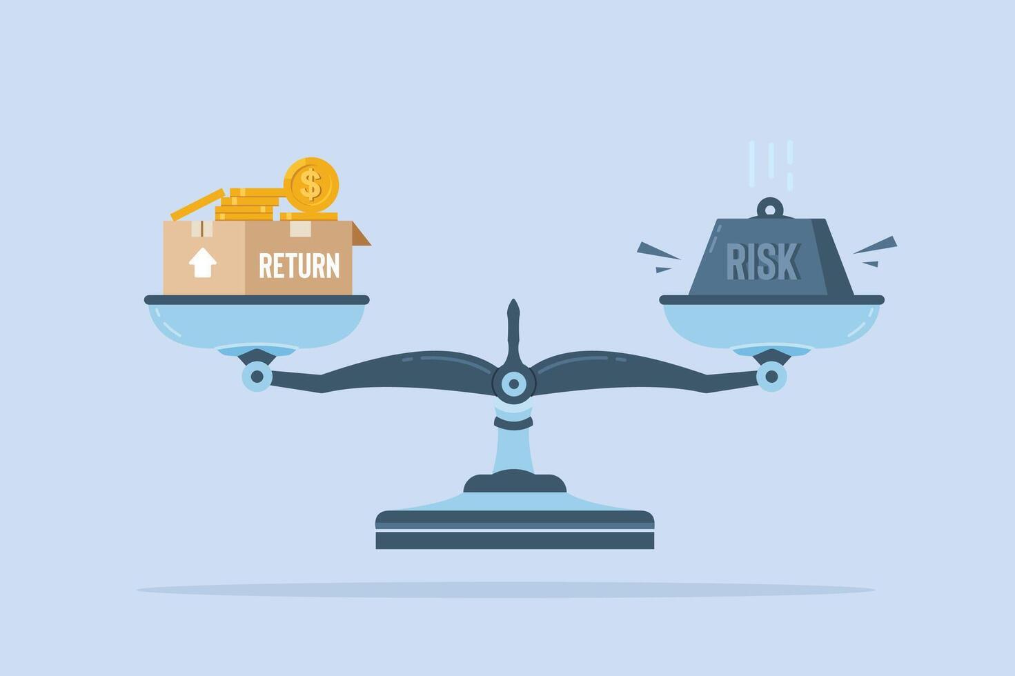 The balance of risk and return investment. The concept of economic health in scales. Illustration of a coin box and an iron weight vector