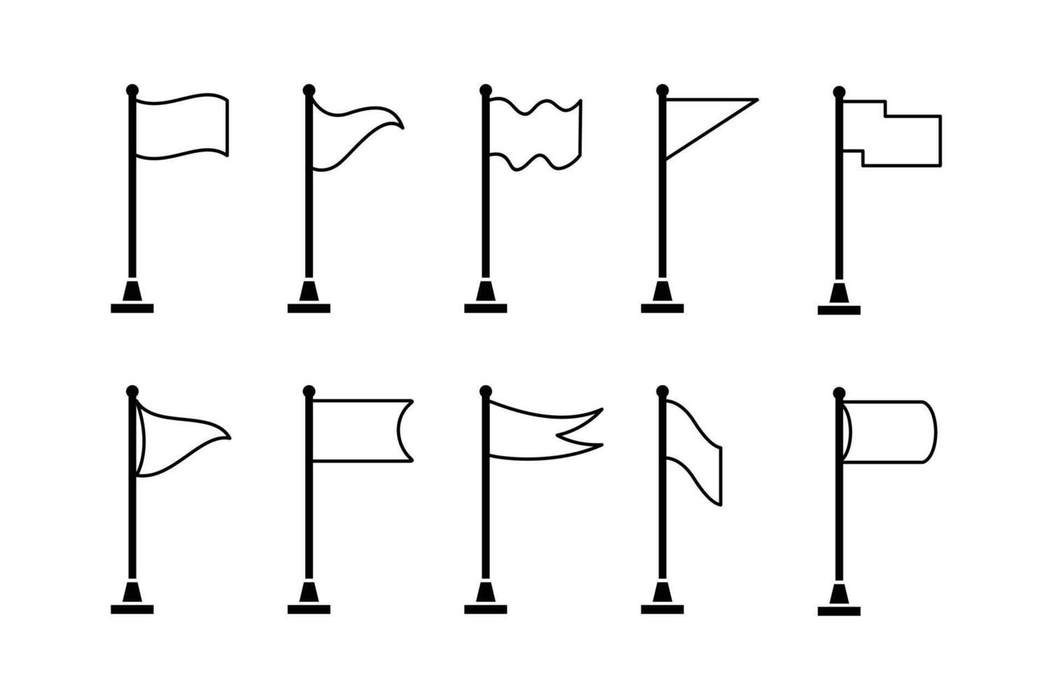 set 10 Collection of flag and pennant icons with poles for start, end, banner, location, pin destination map pictograms in monoline style . part 2 vector