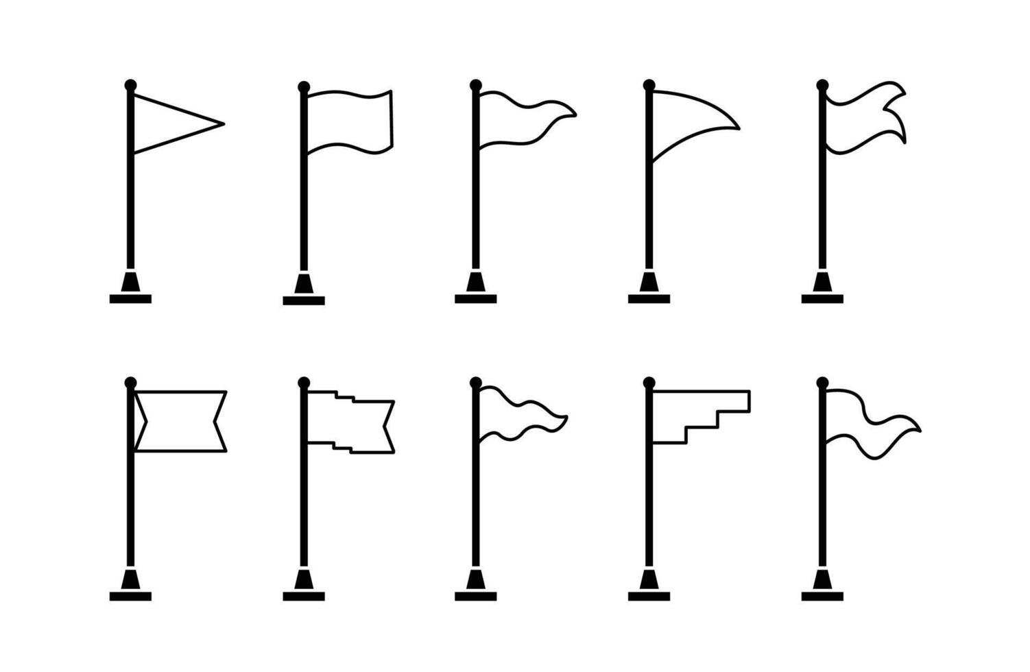 set 10 Collection of flag and pennant icons with poles for start, end, banner, location, pin destination map pictograms in monoline style . part 4 vector