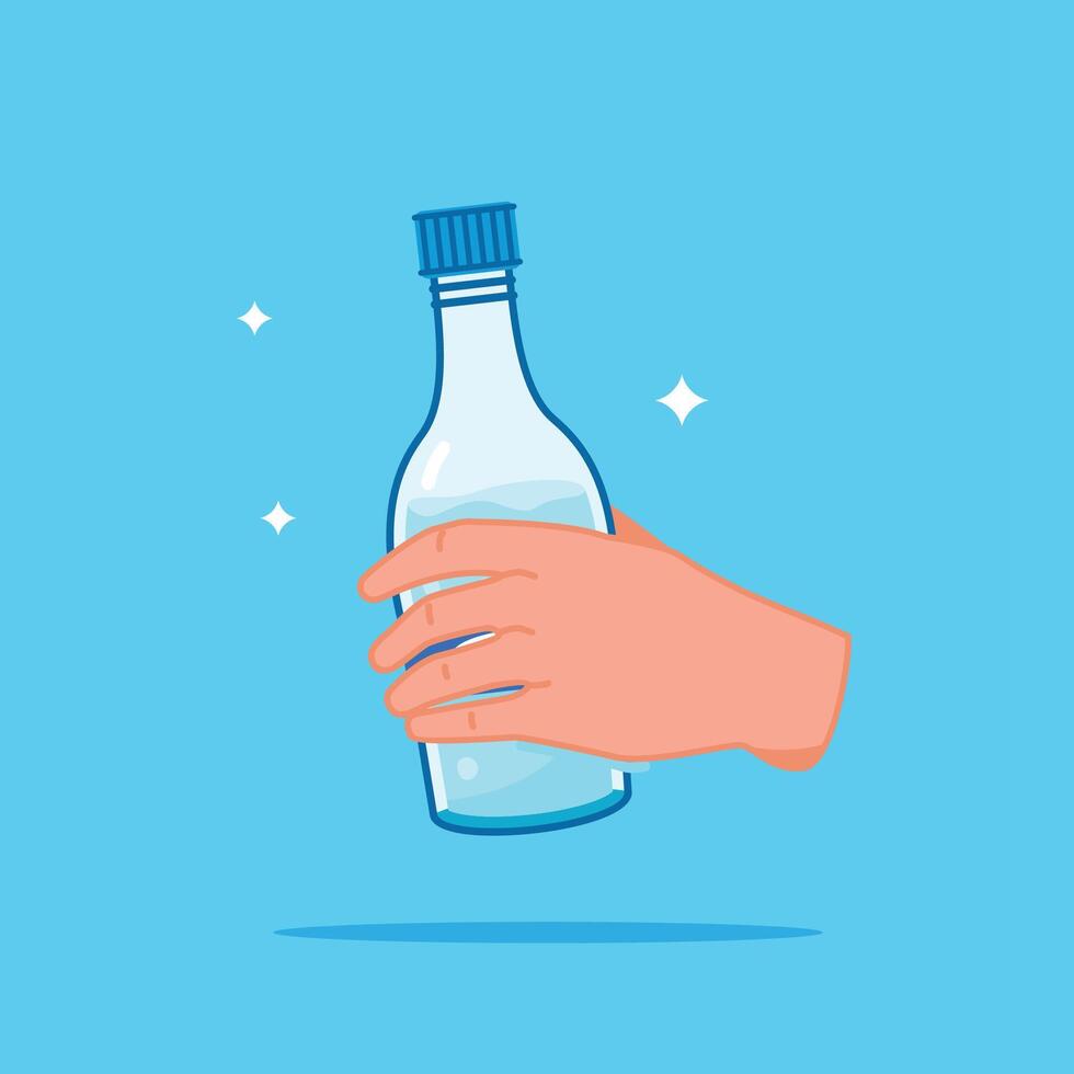 handheld plastic water bottle, healthy blue drinking water packed in 330ml PET bottles with long necks vector