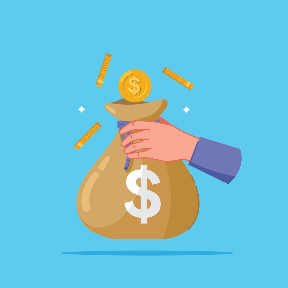 illustration of hand holding money bag with flying coins, symbol of economy and exchange in flat style vector