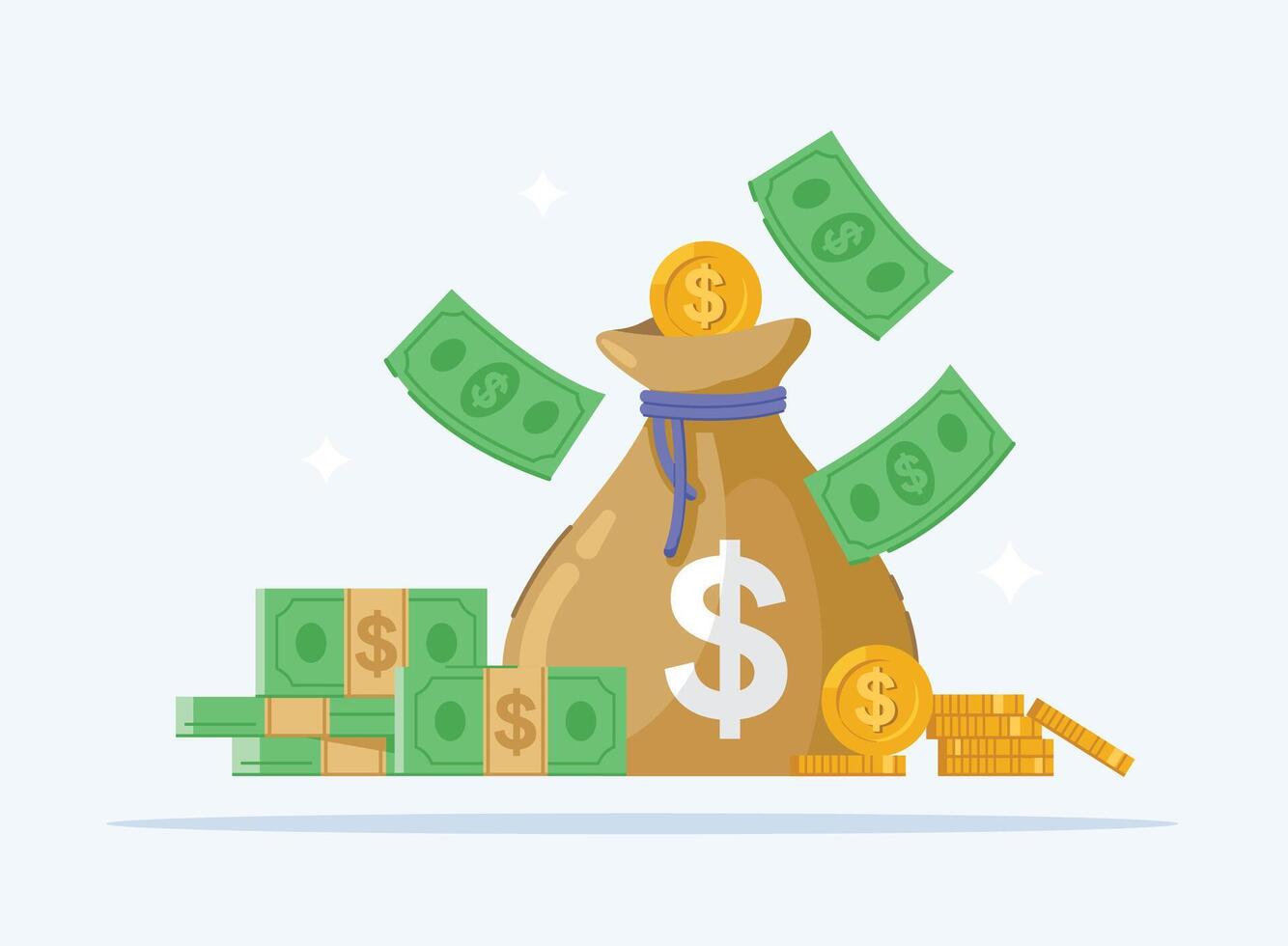 illustration of hand holding money bag with flying dollars and coins, symbol of economy and exchange in flat style vector
