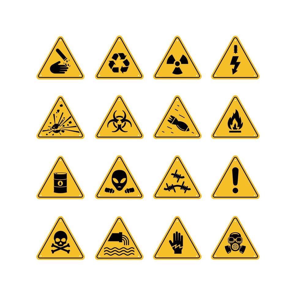 Set of danger and attention signs. Isolated symbols on white background. Flat illustration. Collection vector