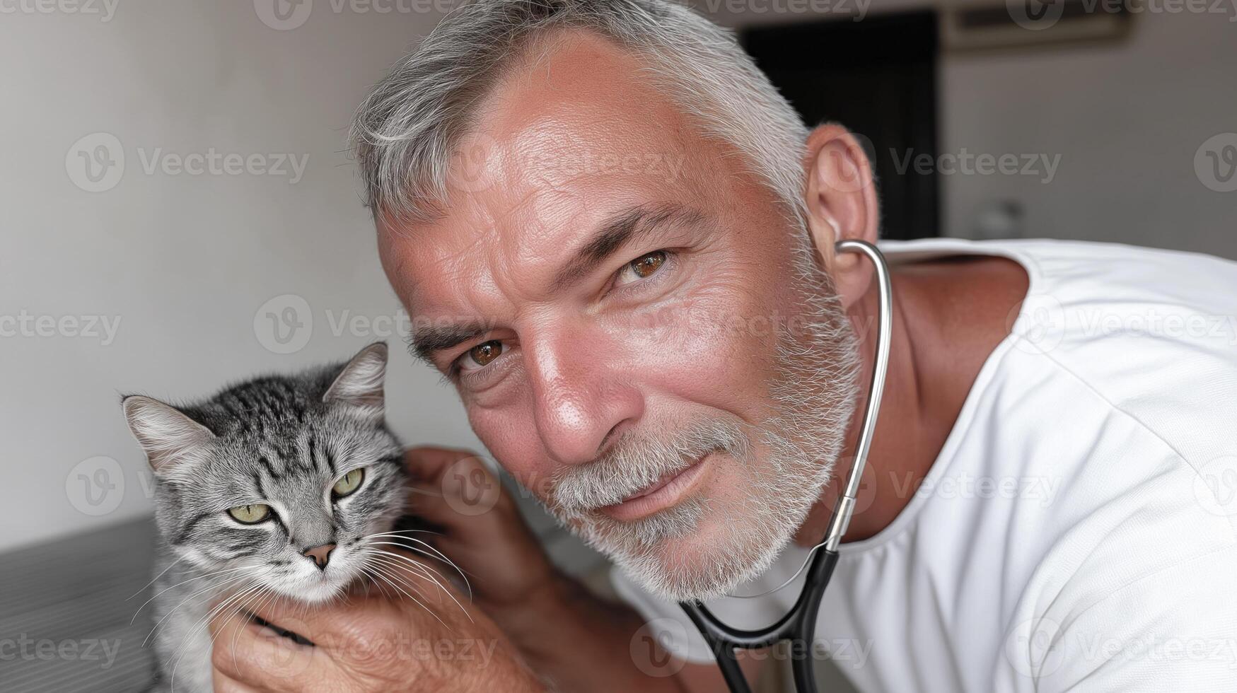 Veterinarian with stethoscope gently examining a gray cat in a veterinary clinic setting photo