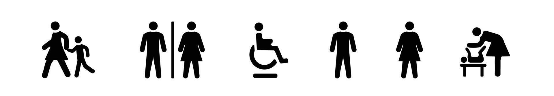WC Sign collection. Toilet icon on white background. Black pictogram with toilet and bathroom. Toilet for men, women, children and special needs vector