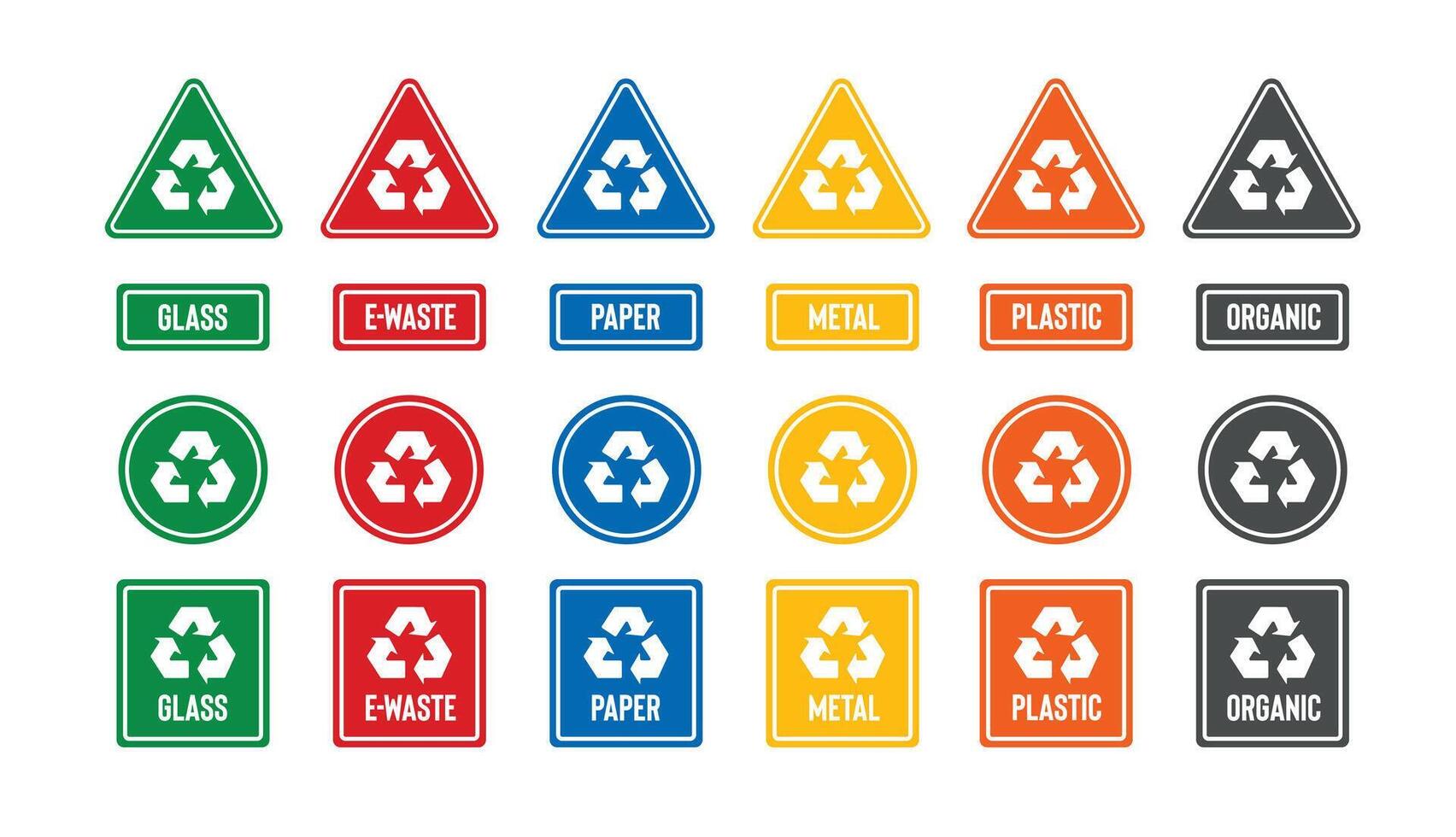 Collection of symbols for plastic, paper, glass, electronic waste, metal, organic waste, recycling labels for various types of trash vector