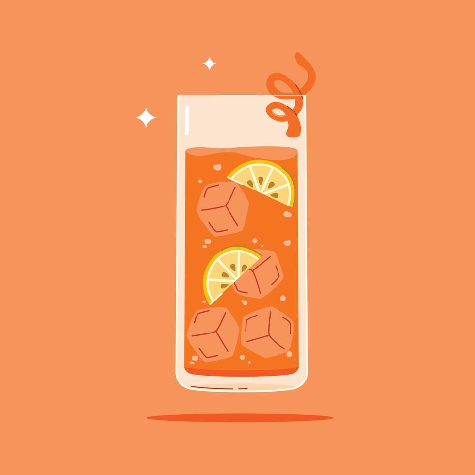 Drinks in a tall glass. Summer appetizer decorated with citrus and ice cubes. Illustration of soft and alcoholic drinks. vector