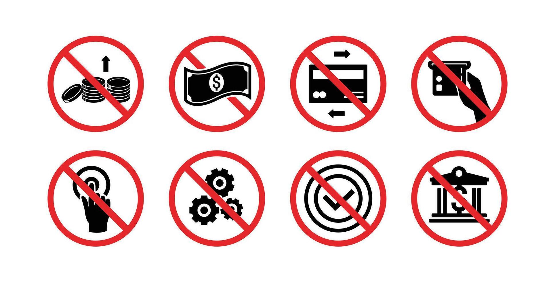 ISO Prohibition Sign, various financial danger signs icons. cash withdrawal at ATM. Click here, PIN number, cash processing and withdrawal symbols and so on vector