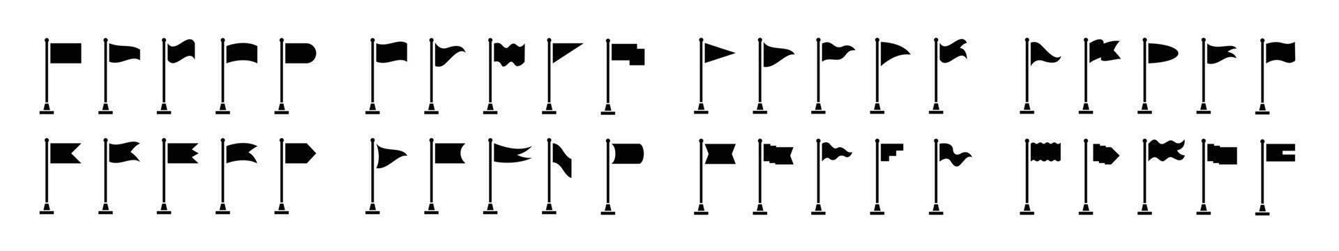 Collection of flag and pennant shape icons with poles for start, end, banner, location, map destination pictograms. Silhouette of a small waving flagpole in black isolated on white. Symbols, pins, sig vector