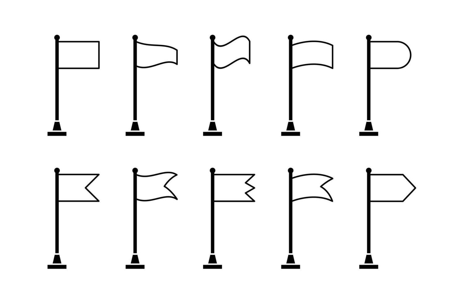 set 10 Collection of flag and pennant icons with poles for start, end, banner, location, pin destination map pictograms in monoline style . part 1 vector