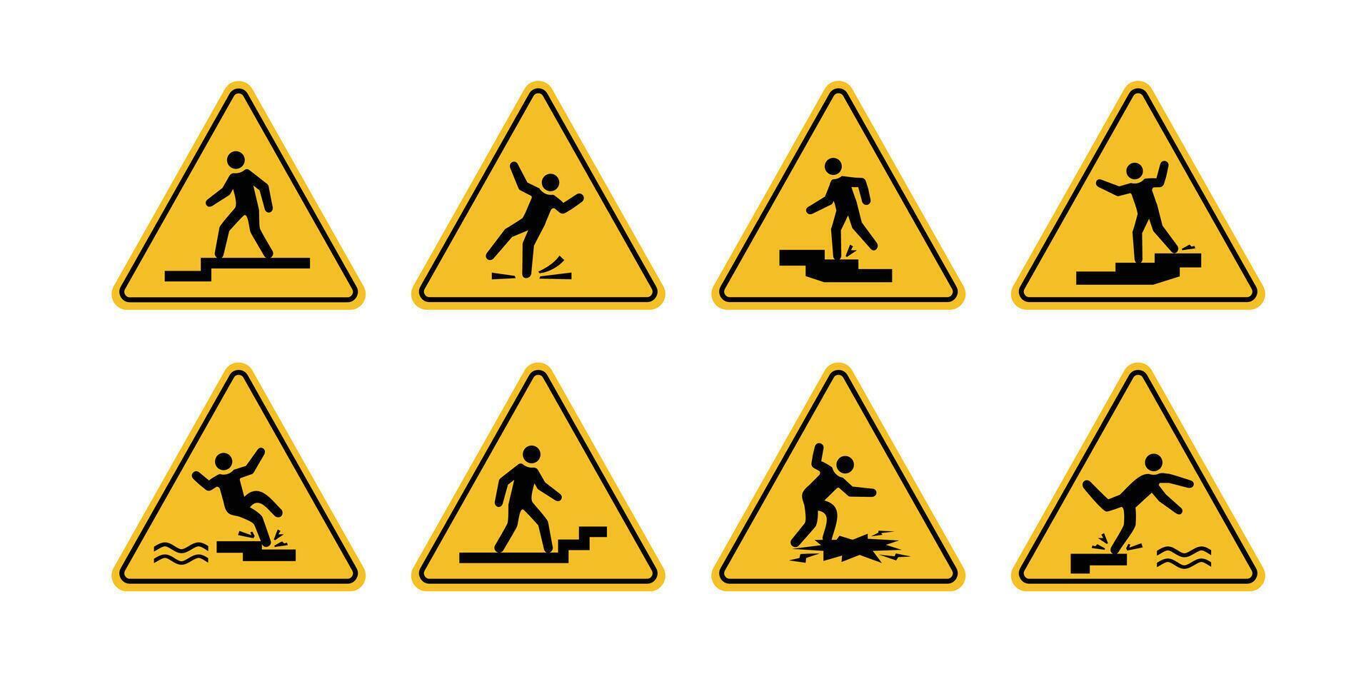 set of warning signs of danger of stepping, climbing, descending, falling and slipping on yellow triangle board. Suitable for posters and web icons vector