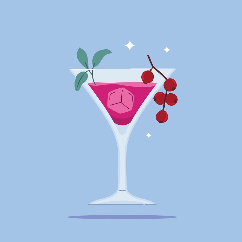 alcoholic beverage in Martini Glass. Summer appetizer decorated with mint leaves and berries. Illustration of soft and alcoholic beverages. vector