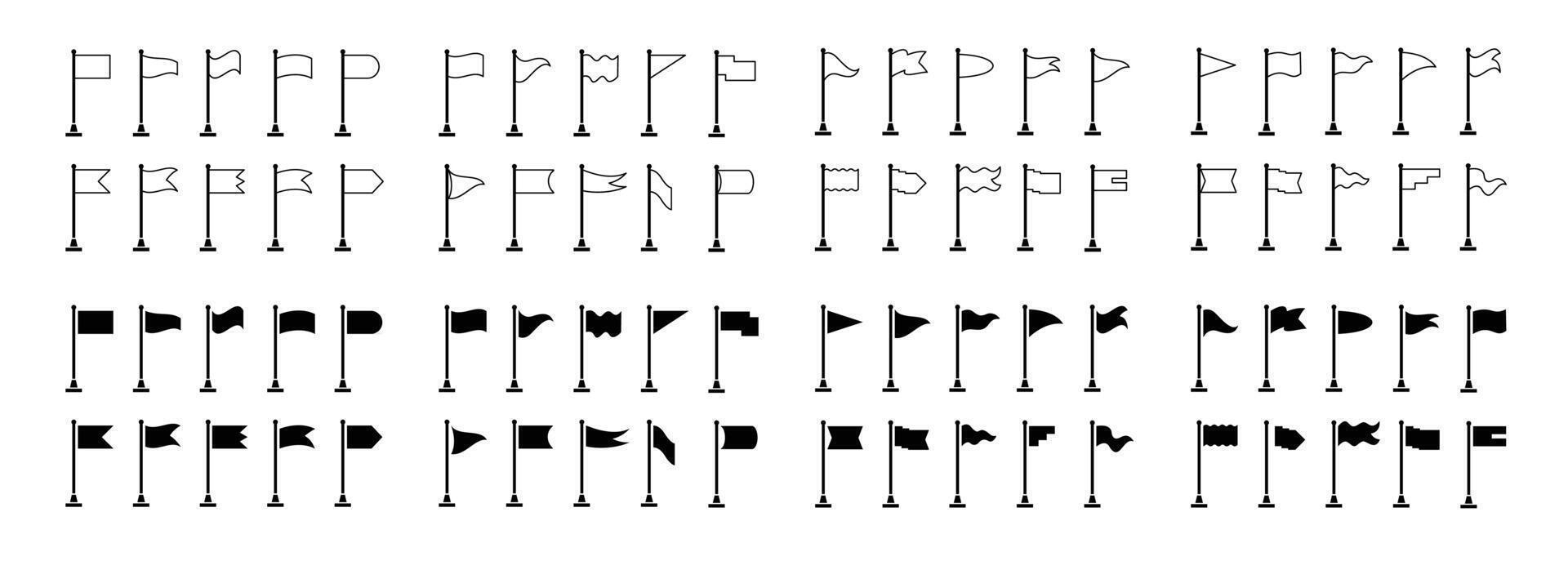 set of 80 Collection of flag and pennant shaped icons with poles for start, end, banner, location, map destination pictogram pins vector