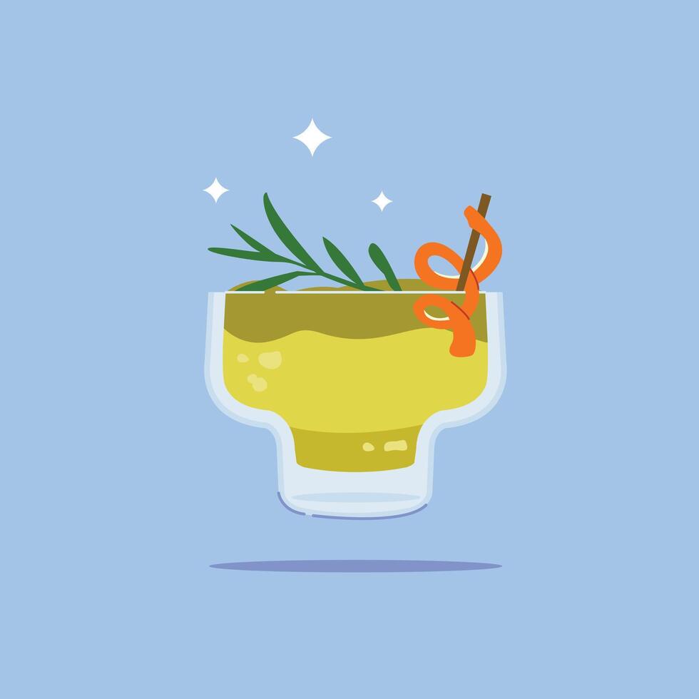 alcoholic fruit drink in mini glasses. Summer appetizer garnished with rosemary and orange peel vector