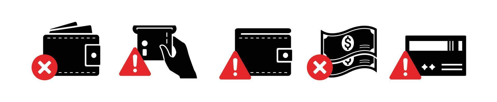 ISO Prohibition Sign, financial danger sign icon set Wallet error icon. No cash, no card icon vector