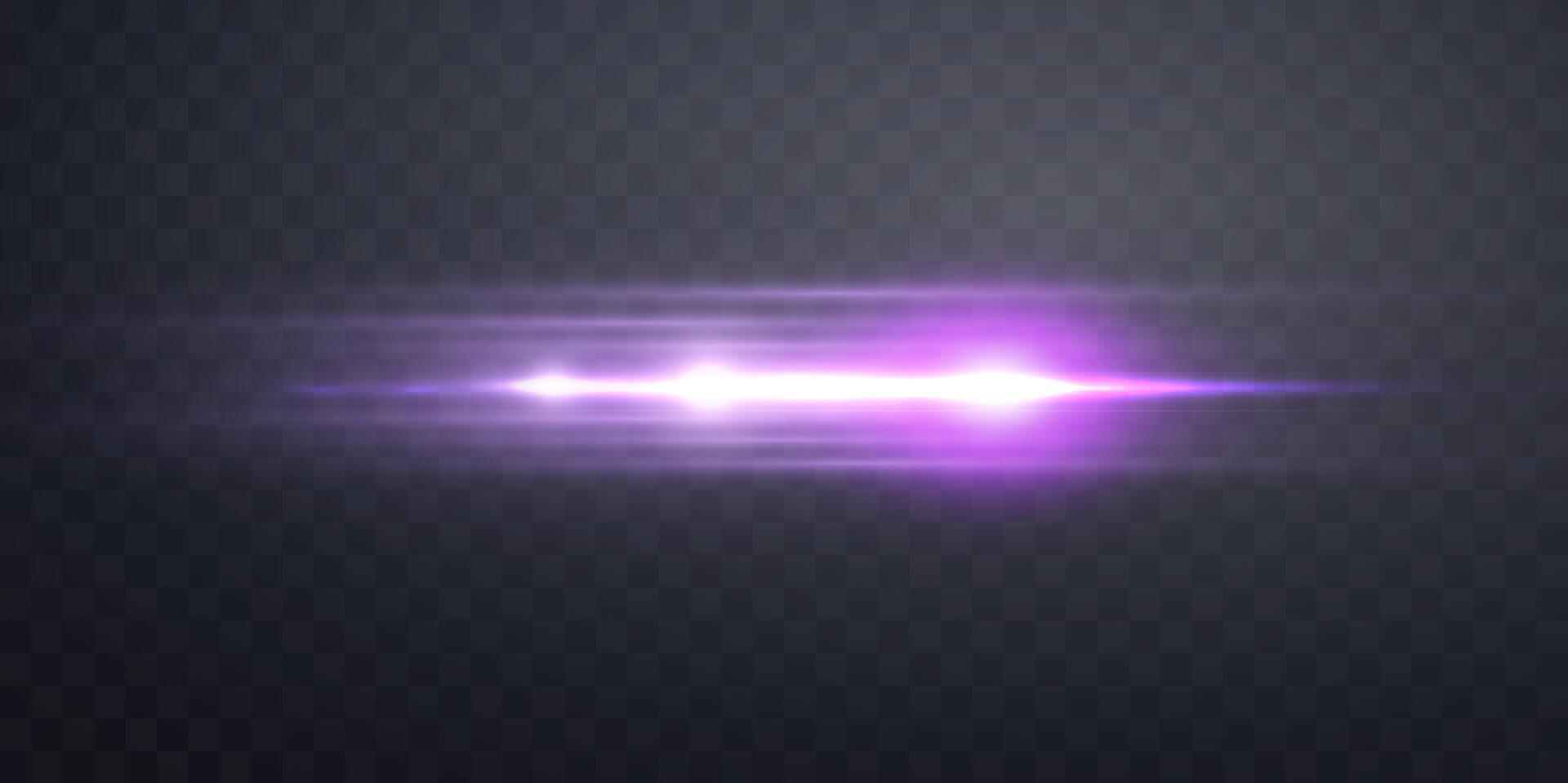 Purple horizontal lensflare. Light flash with rays or violet spotlight and bokeh. Glow flare light effect. Isolated on dark background. vector