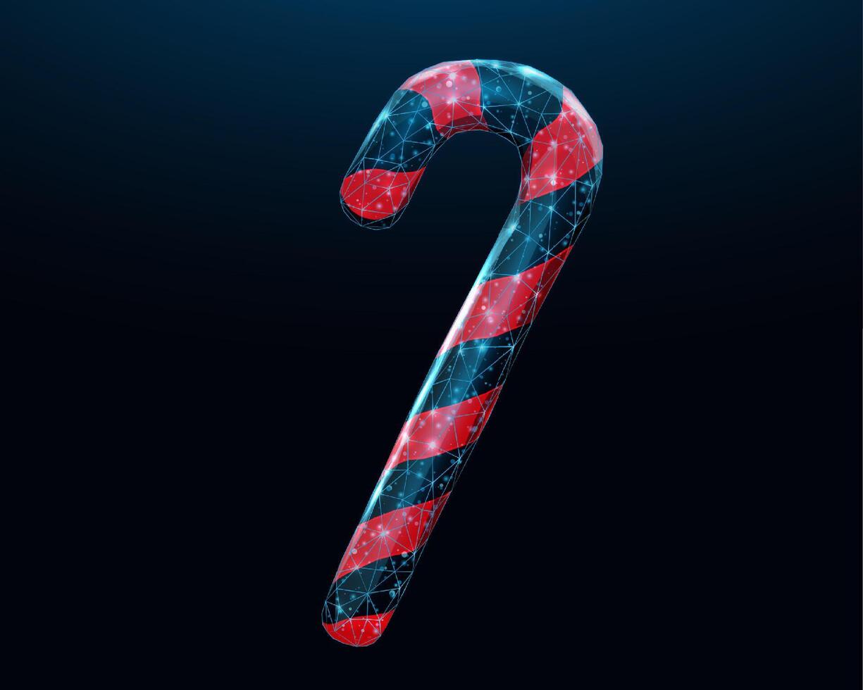 Candy cane, Christmas concept with glowing low poly candy on dark blue background. Wireframe low poly design. Abstract futuristic illustration vector