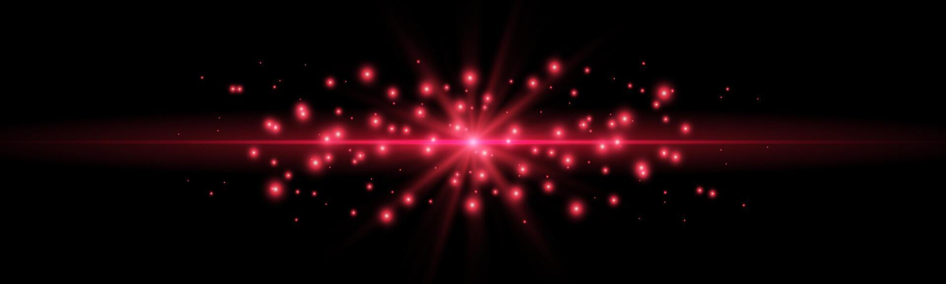 Red horizontal laser beam. Light lensflare. Red glow flare light effect. Isolated on dark background. vector