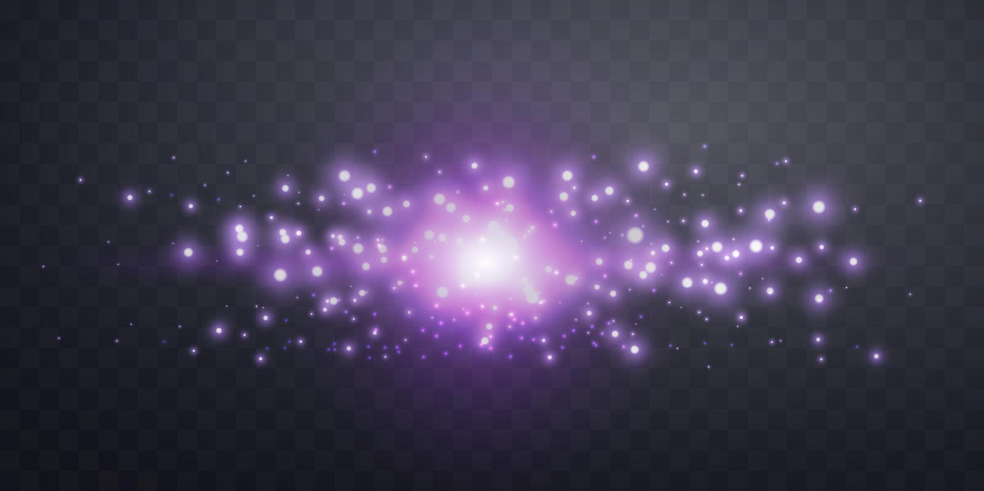Purple horizontal lensflare. Light flash with rays or violet spotlight and bokeh. Glow flare light effect. illustration isolated on dark background. vector