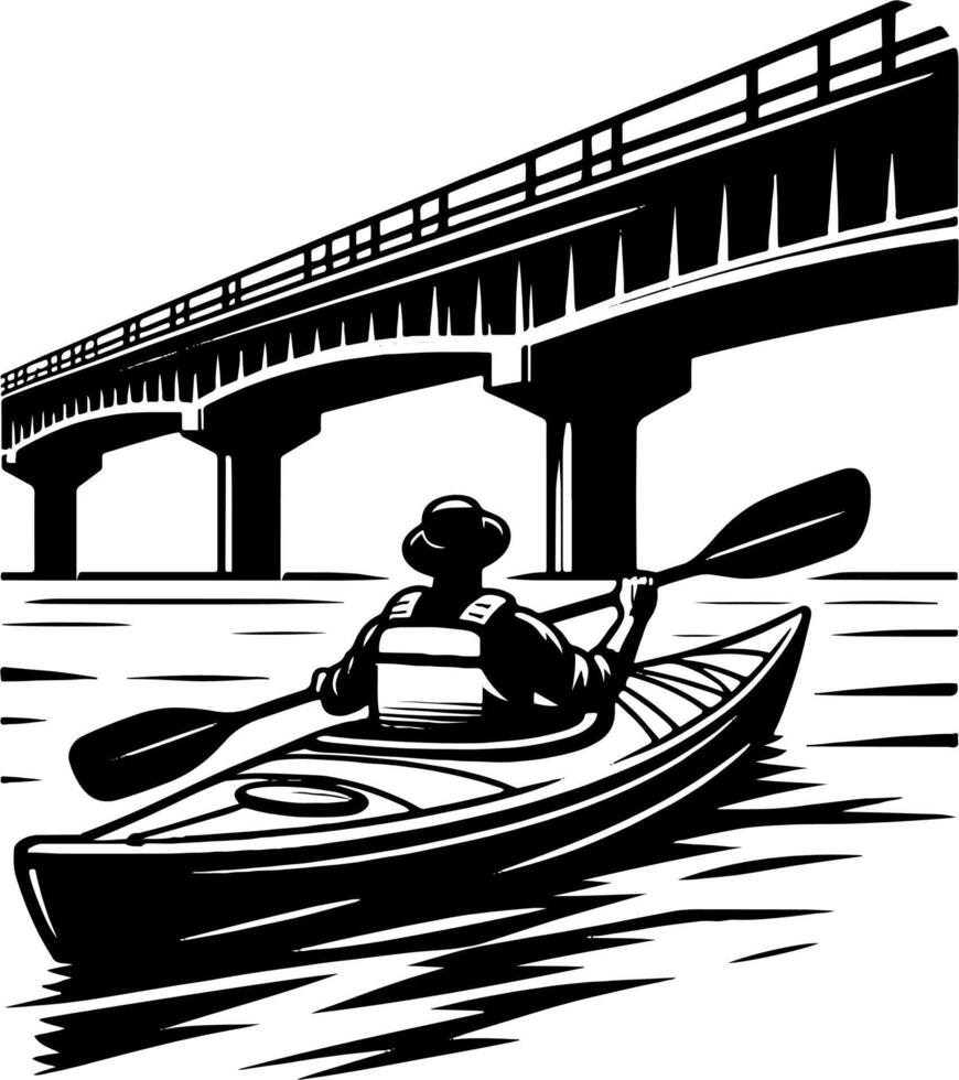 Solo Kayaker Approaching Large Bridge in Black and White River Scene vector