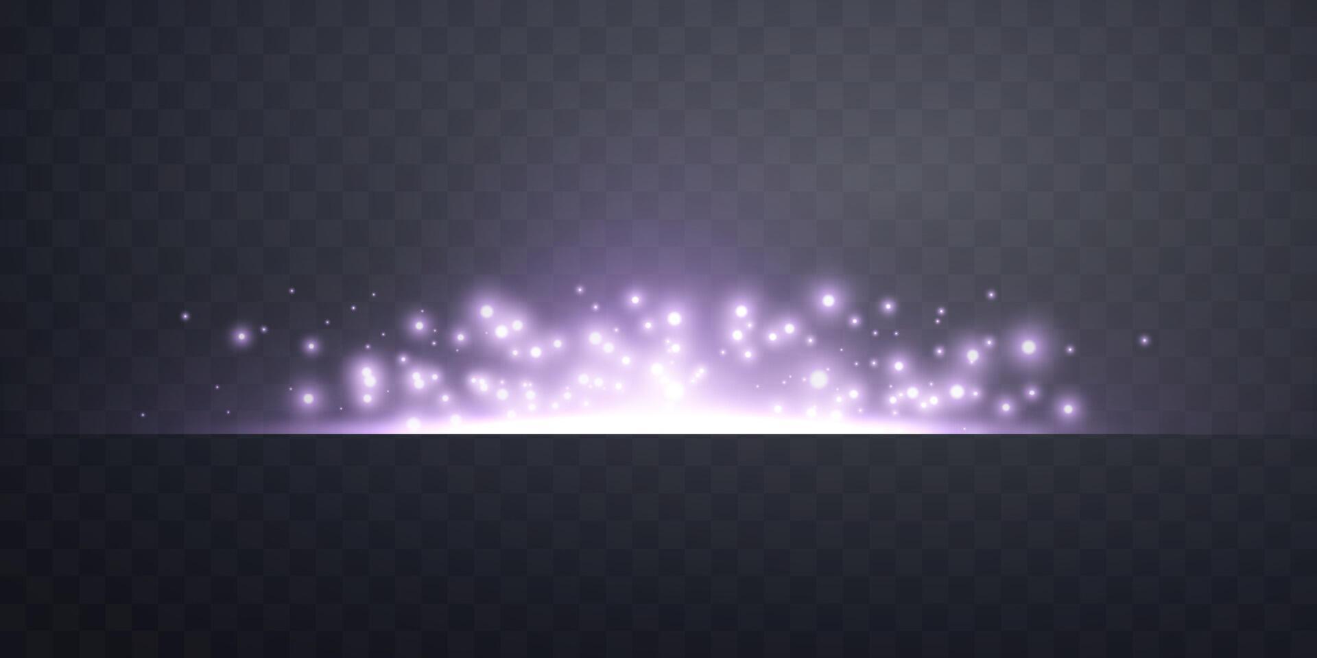 Purple horizontal lensflare. Light flash with rays or violet spotlight and bokeh. Glow flare light effect.. Isolated on dark background. vector
