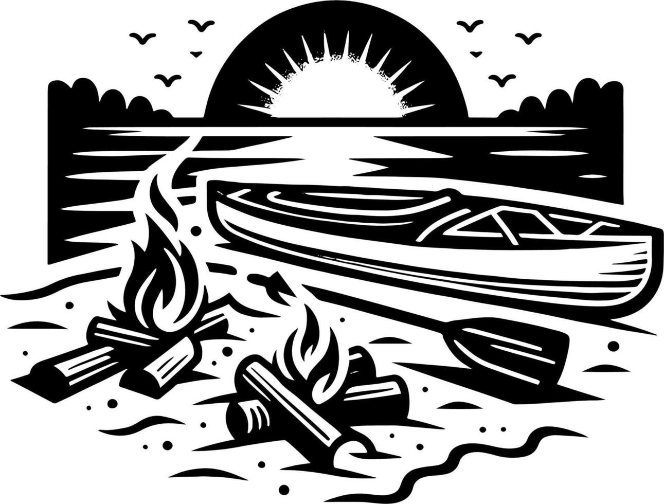 Canoe by Campfire on Lakeshore at Sunset in Black and White Wilderness Scene vector