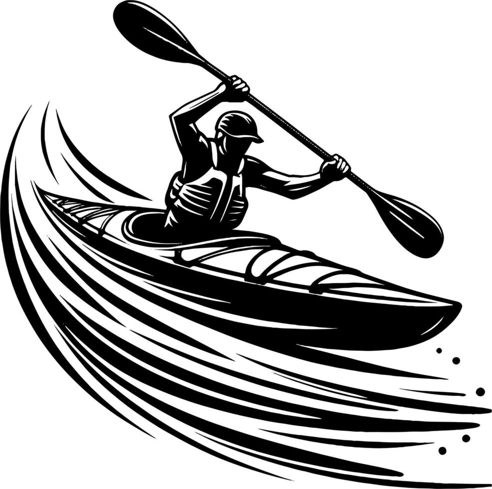 Kayaker Paddling Through River Rapids in Black and White Silhouette Illustration vector