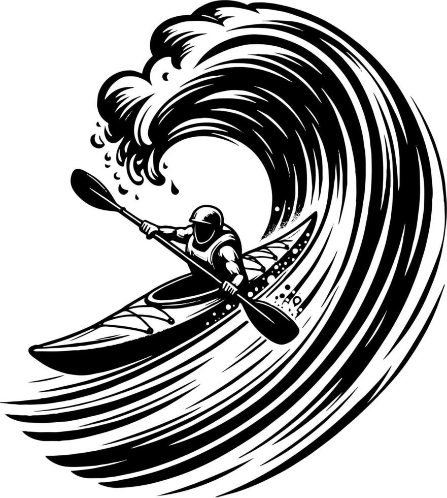 Extreme Whitewater Kayaker Riding Giant Wave in Black and White Illustration vector