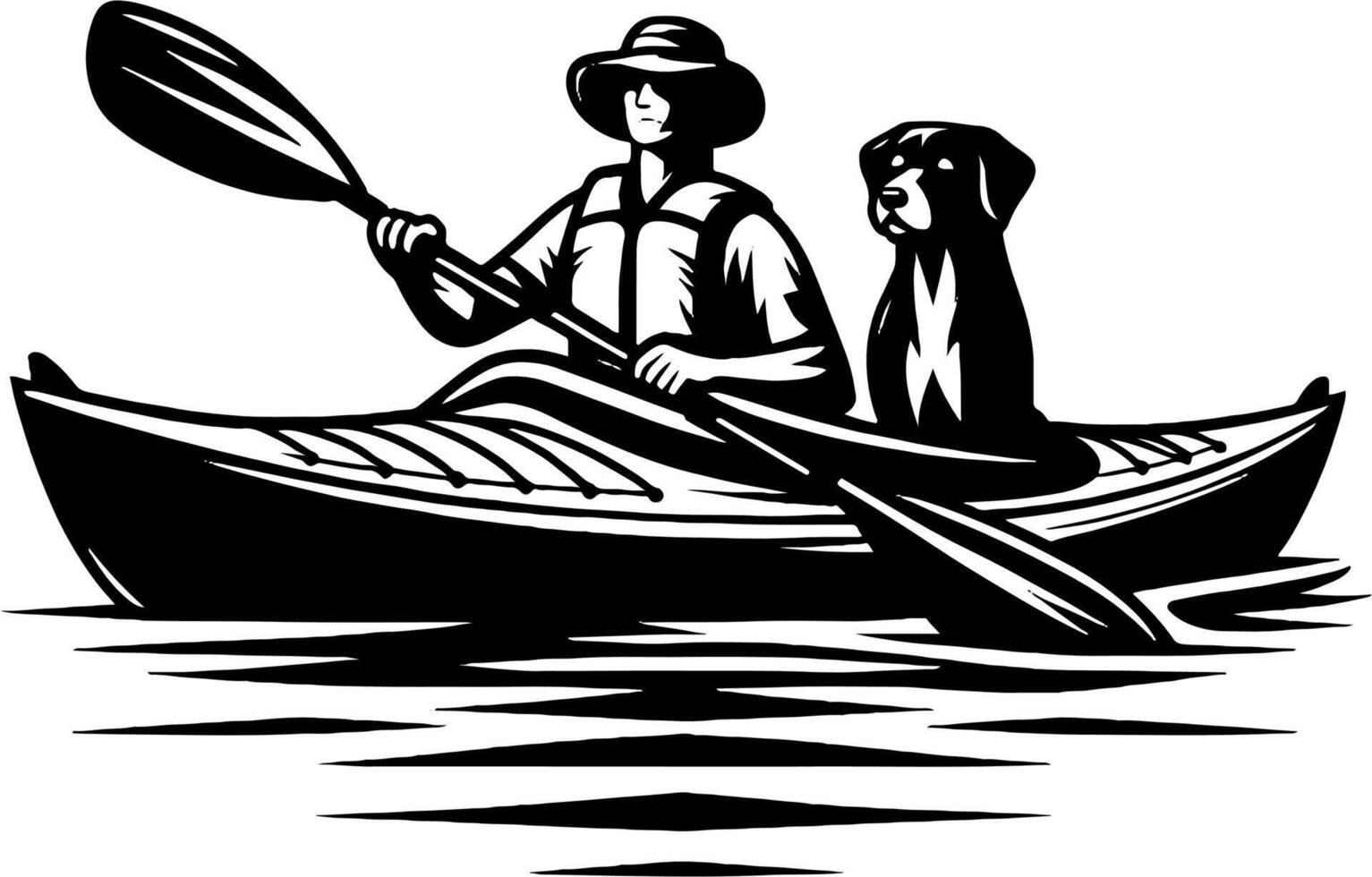 Man Canoeing with Dog on Calm Water in Black and White Silhouette Art vector