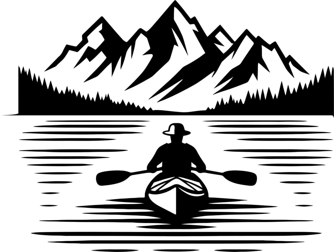 Kayaker Heading Toward Mountain Landscape in Peaceful Black and White Lake Scene vector