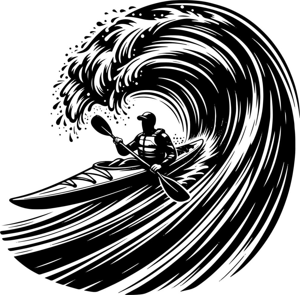 Fearless Kayaker Riding A Giant Curling Wave in Black and White Adventure Illustration vector