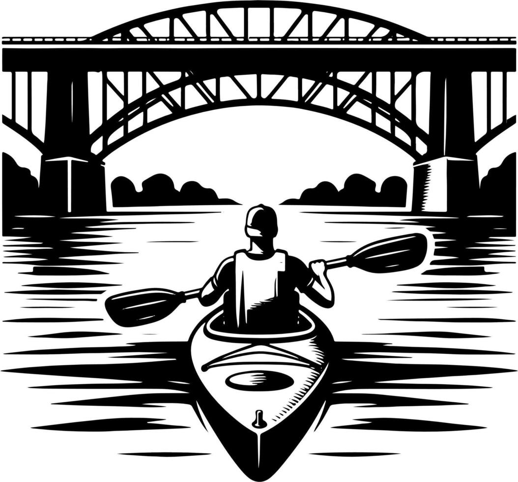 Kayaker Approaching Arch Bridge Over River in Black and White Cityscape Scene vector