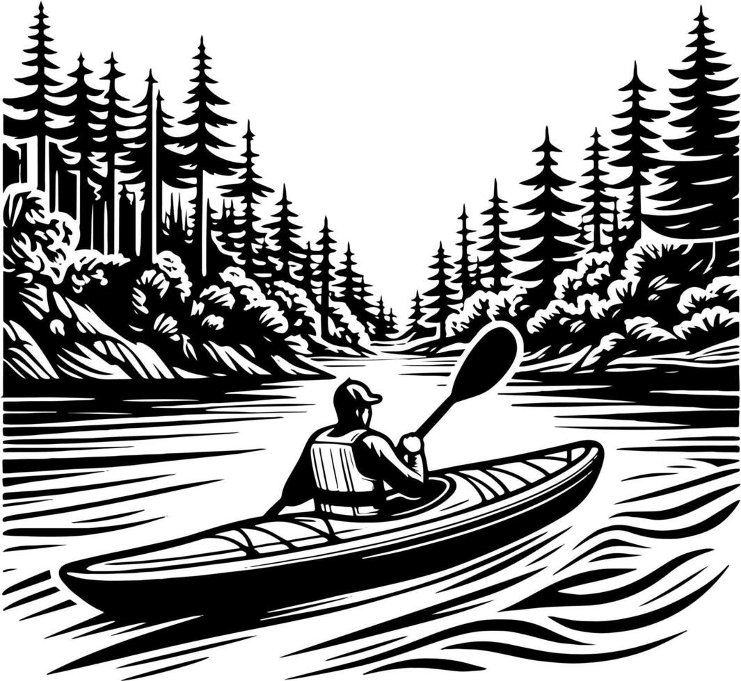Man Kayaking Through Forest River Surrounded by Pine Trees in Black and White Nature Scene vector