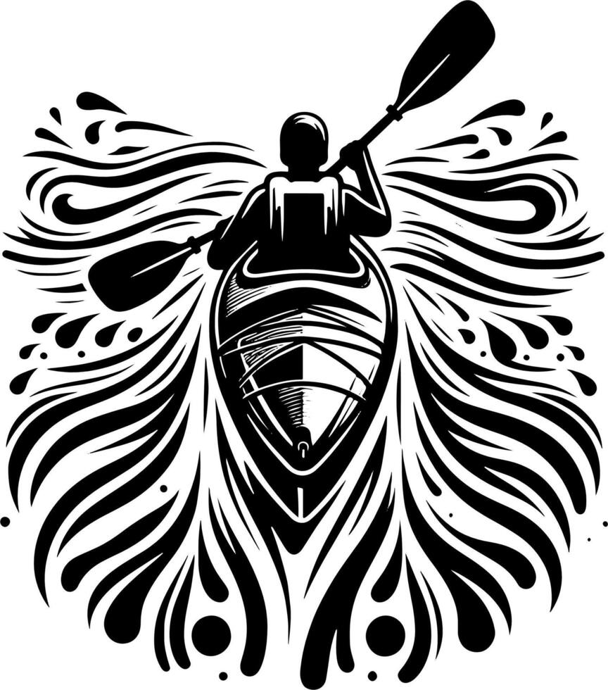 Kayaker Creating Splashing Water Trails in Artistic Black and White Illustration vector
