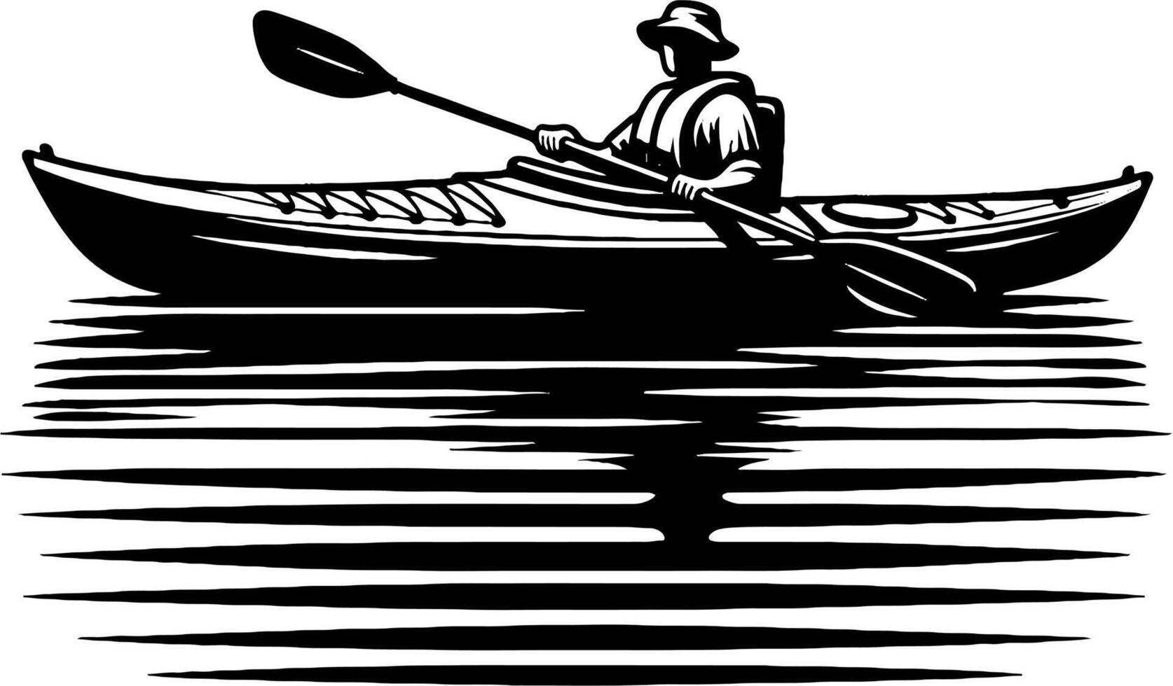 Man Kayaking on Still Water with Reflections in Black and White Tranquil Scene vector