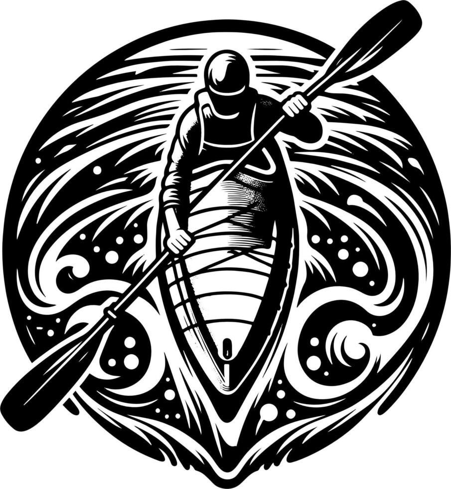 Top View of Kayaker in Swirling Water Circle Design in Black and White Artwork vector