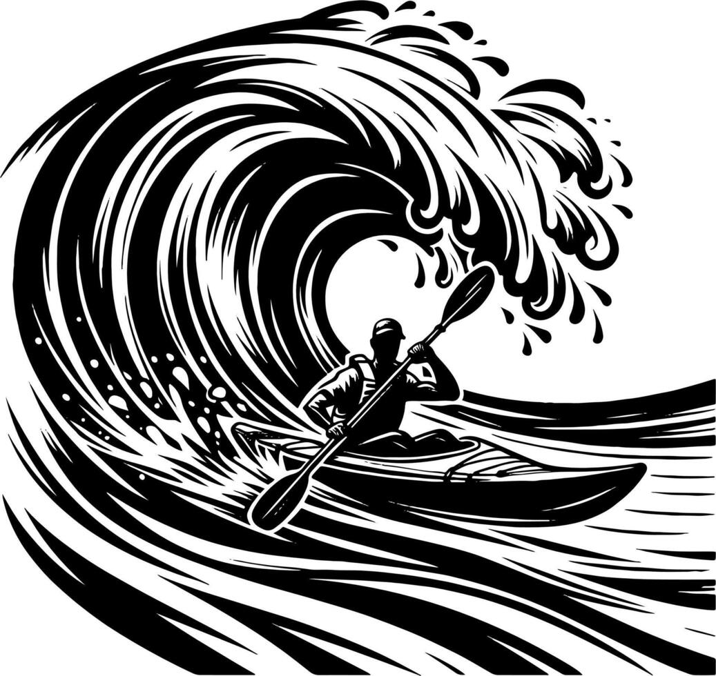 Extreme Kayaker Riding Powerful Ocean Wave in Black and White Action Illustration vector