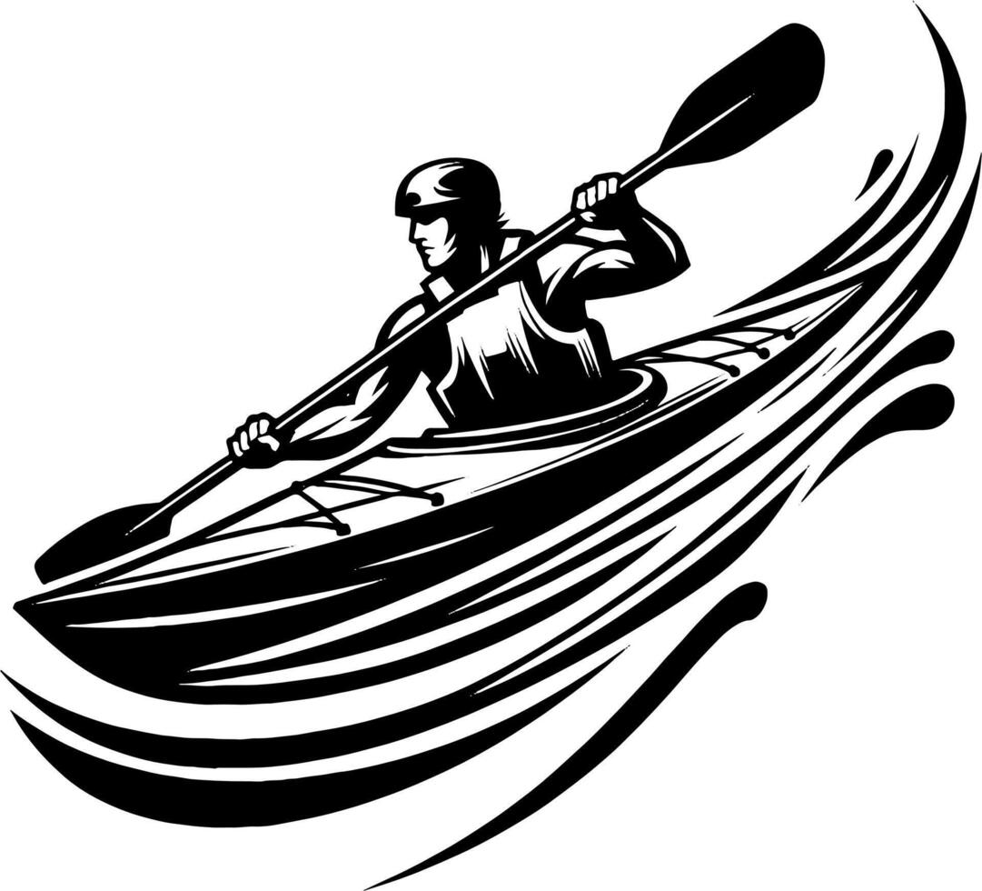 Athletic Kayaker Battling River Currents in Dynamic Black and White Silhouette vector