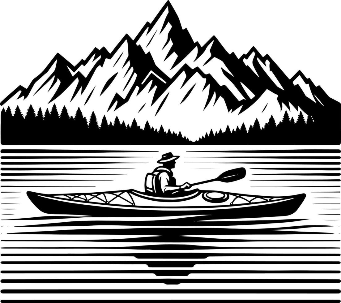 Man Kayaking on Lake with Mountain Range Reflection in Black and White Scenic View vector