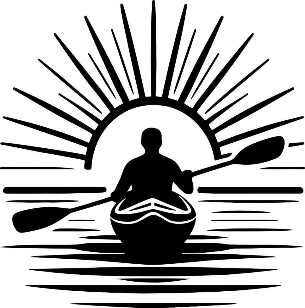 Silhouette of Kayaker Paddling Toward Sunrise in Black and White Inspirational Scene vector