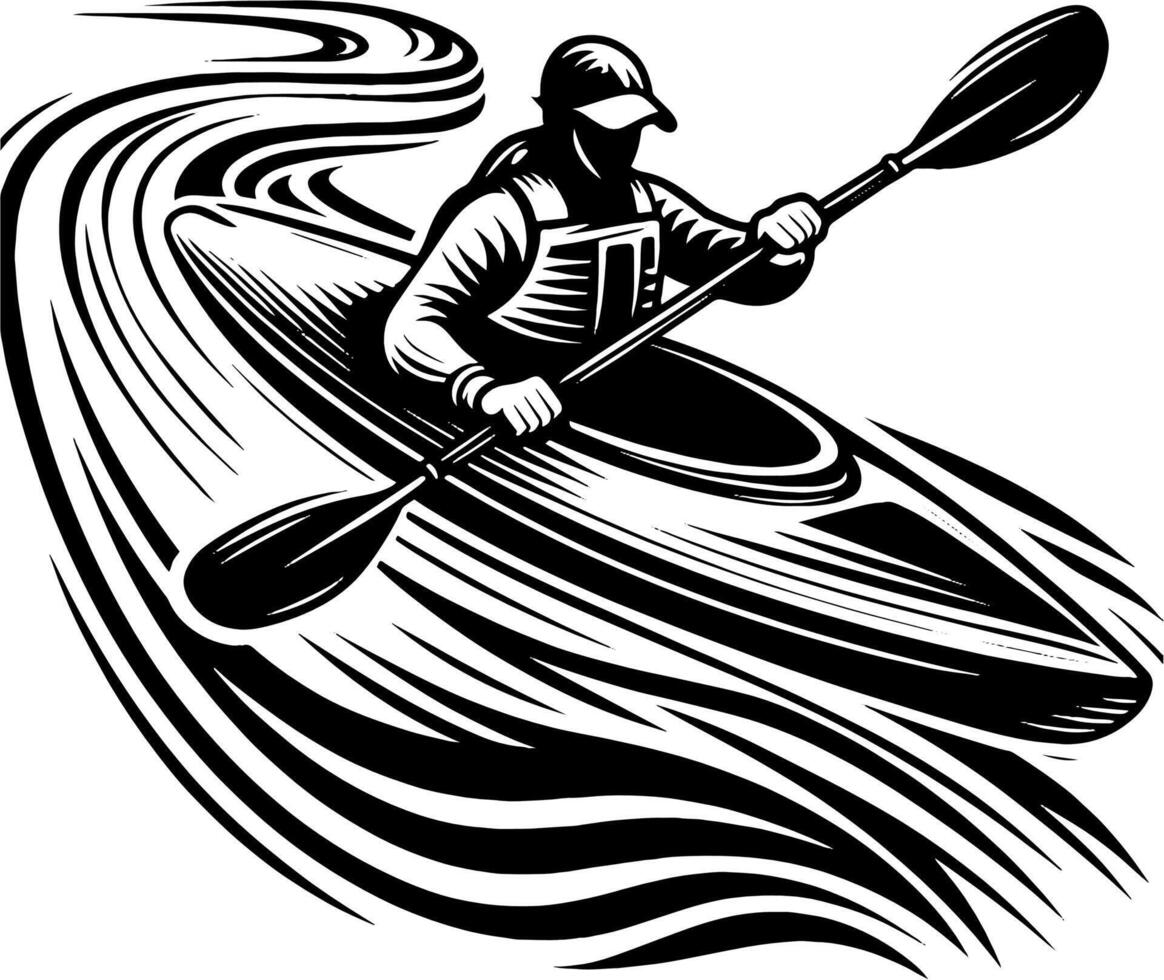 Focused Kayaker Steering Through Twisting River in Black and White Illustration vector
