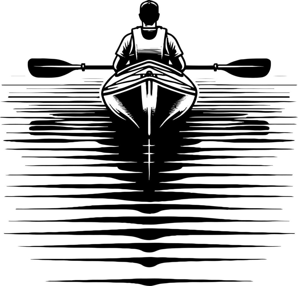 Kayaker Viewed From The Back, Still Water Reflection in Black and White Silhouette vector