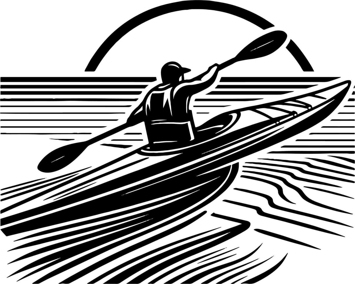 Kayaker Turning Toward Horizon with Sun Setting in Black and White Motion Scene vector