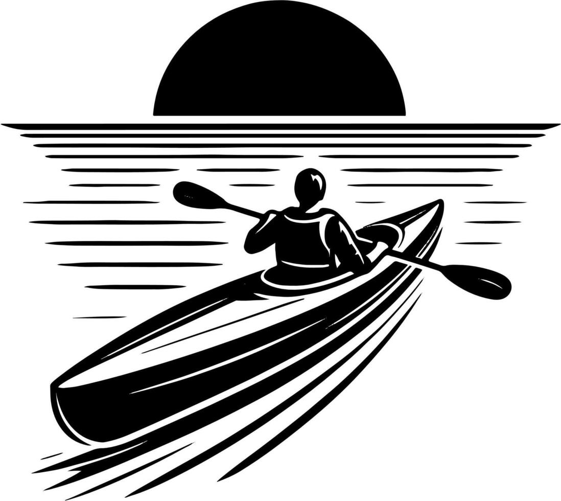 Solo Kayaker Heading Toward Sunset on Calm Water in Black and White Illustration vector