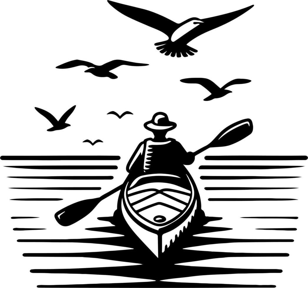 Man Kayaking Under Flying Birds on Peaceful Water in Black and White Nature Scene vector