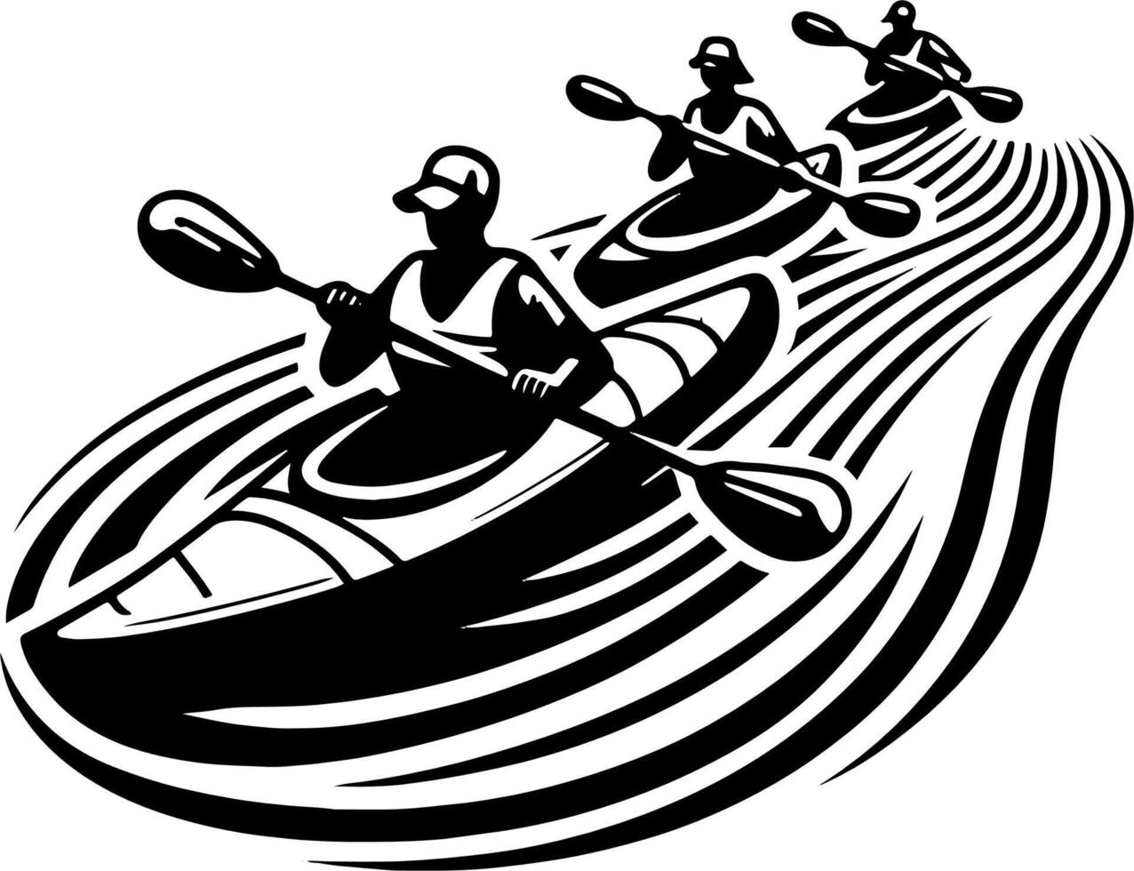 Group of Three Kayakers Paddling Downriver in Black and White Outdoor Adventure Scene vector
