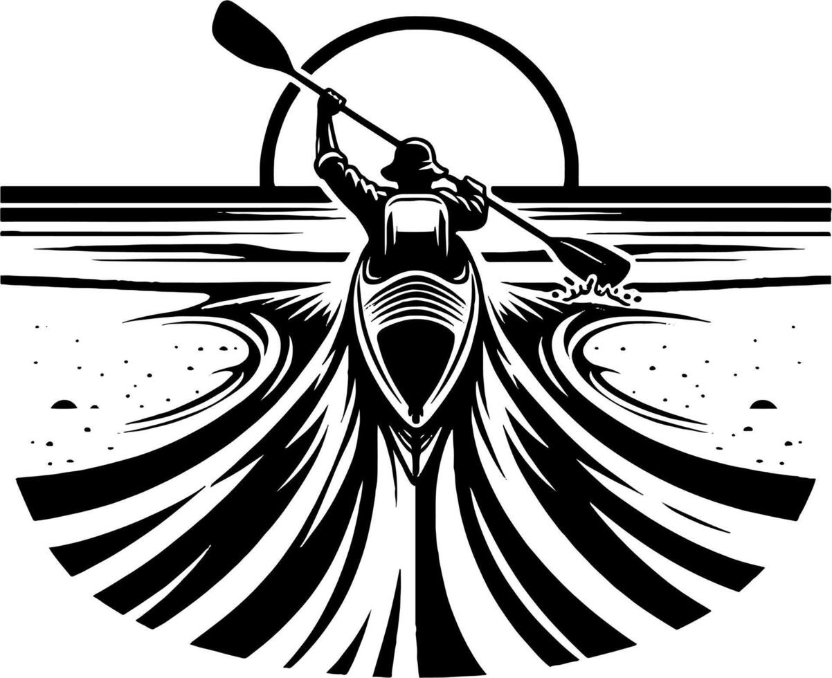 Kayaker Paddling Toward Sunset Horizon on Open Water in Black and White Adventure Scene vector