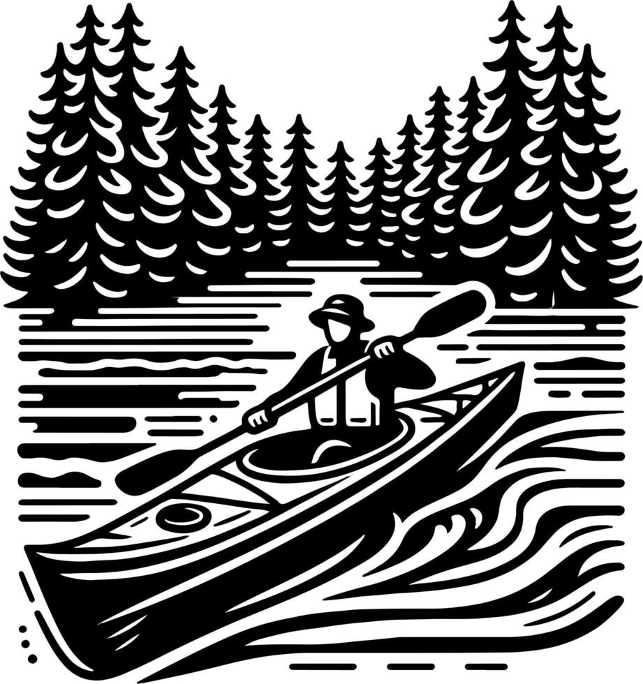 Kayaker Gliding Through Forest Lake with Tall Pine Trees in Black and White Outdoor Scene vector